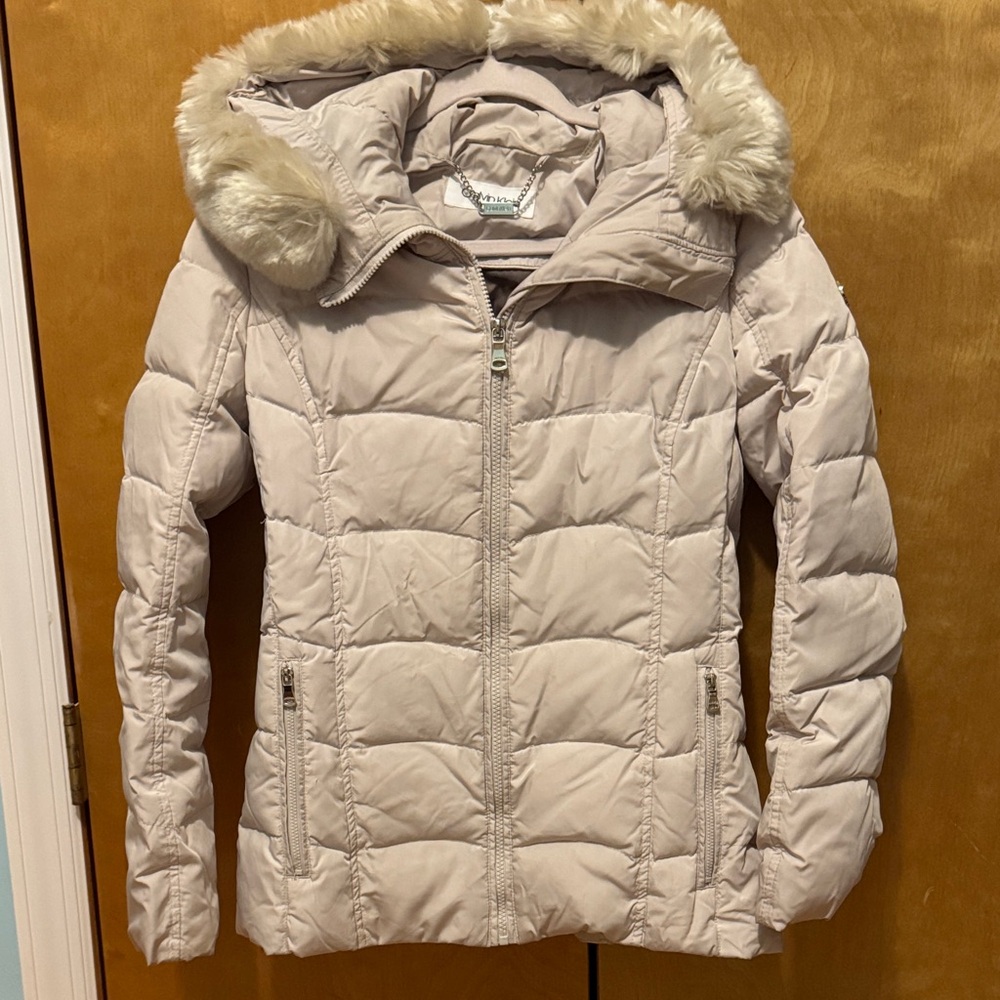 Calvin Klein Women's Beige Puffer Coat with Faux Fur Hood